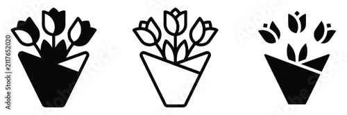 Tulip flower bouquet icon vector set. Floral arrangement, blooming spring flowers, and decorative plant symbol. Vector Illustration.