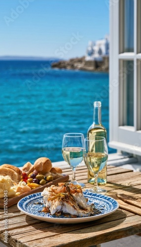 Grilled fish on a wooden table overlooking the mediterranean sea with wine glasses and a charcuterie board