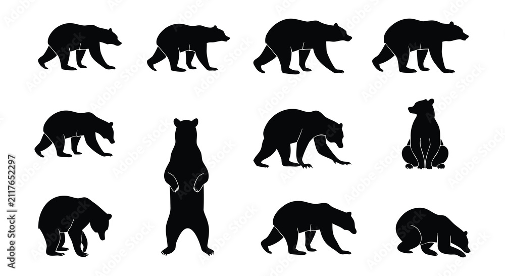 Fototapeta premium Set of black bear silhouettes in various poses and actions