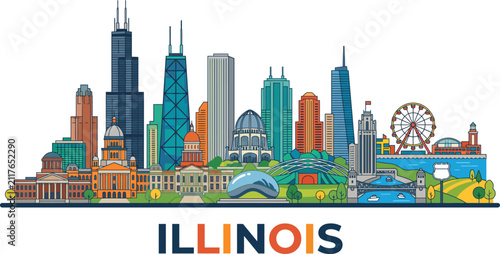 Colorful artistic skyline illustration of chicago illinois featuring famous city landmarks and skyscrapers on white background