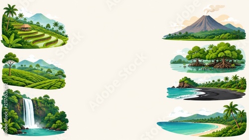 Various tropical landscapes arranged around central copy space, featuring rice terraces, tea fields, waterfall, volcano, mangroves, black sand beach and palm bays. Bright illustrative style for design