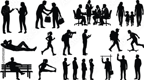 People Activity Silhouette Collection Featuring Business Lifestyle Family Sports and Daily Life Poses Vector Set