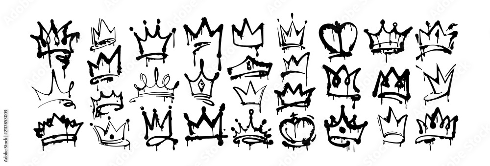 Fototapeta premium Graffiti Crown Doodle Collection – Hand Drawn Street Art Royal Crown Sketch Vector Set with Dripping Paint Style on Transparent Background