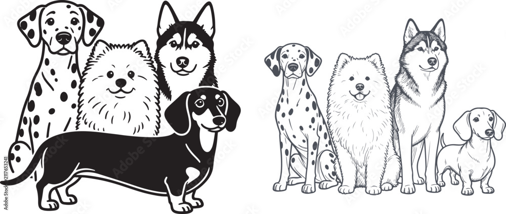 Obraz premium Black and white vector illustration of various dog breeds including dalmatian husky and dachshund