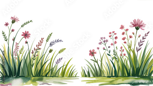 Watercolor meadow with pink and purple flowers and green grass border 