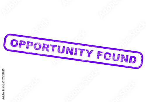 A purple rubber stamp says opportunity found isolated on a transparent background