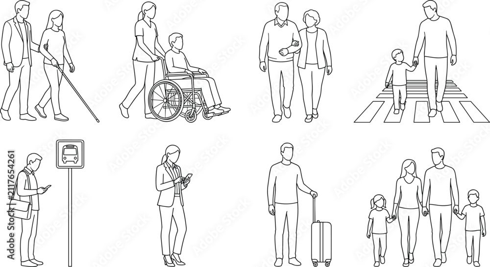 Naklejka premium People Line Art Vector Collection Featuring Everyday Activities Accessibility Travel Family and Urban Lifestyle Illustrations