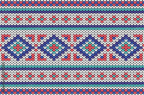 Seamless white, pink, turquoise, blue and purple knitted pattern featuring traditional Nordic Fair Isle geometric diamonds, motifs and folk-inspired winter sweater texture.