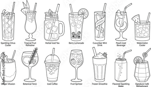 Bild auf Leinwand Refreshing Summer Beverage Vector Collection with Iced Drinks, Smoothies, Lemona