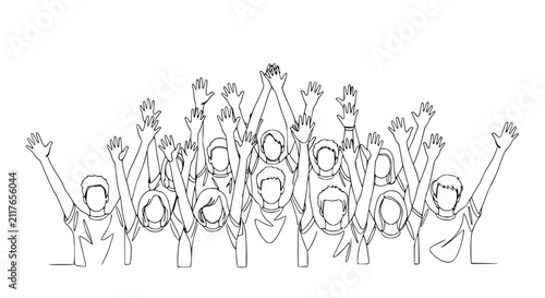 Diverse Group Cheering with Raised Hands - Continuous Line Art