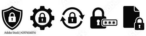 Collection of security and privacy icons including shields locks files and settings for digital protection and data safety concepts.