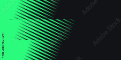 Abstract green halftone speed lines on black background, dynamic motion vector graphic, futuristic geometric pattern for sports and gaming