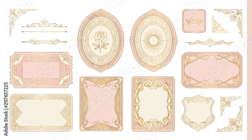 Vintage Decorative Frames and Labels, Ornate Borders, Pastel Pink and Gold