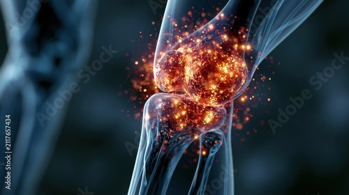 Inflamed human knee joint with glowing energy particles indicating pain and inflammation