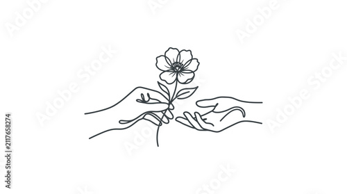 Minimalist line art illustration of two hands exchanging a delicate flower.