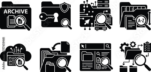 File Management and Document Search Icon Set with Archive, Security, and Folder Organization