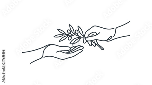 Minimalist line art illustration of two hands exchanging an olive branch.