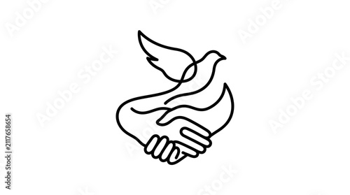 Minimalist line art illustration of a handshake transforming into a flying dove.