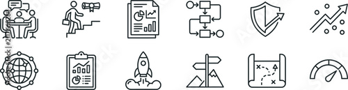 Set of hand drawn business and management icons featuring strategy planning leadership and organizational development sketches on white background