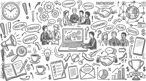 Cuadro en lienzo Hand drawn doodle illustration featuring business concepts teamwork communicatio