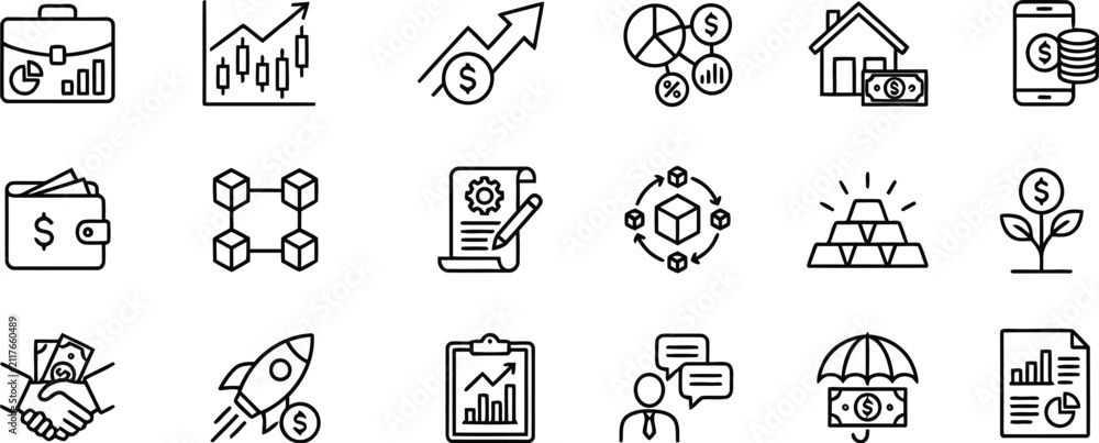 Fototapeta premium Set of hand drawn business and finance icons featuring charts money growth and professional strategy elements on white background