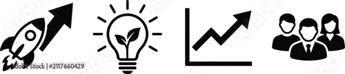 Set of black and white business icons representing startup growth innovation strategy development and teamwork on white background