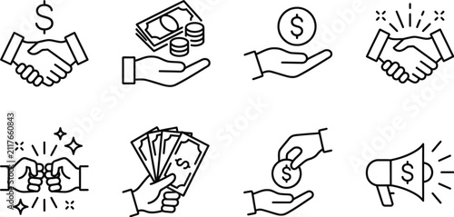 Cuadro en lienzo Set of black and white line art icons representing business finance money transa
