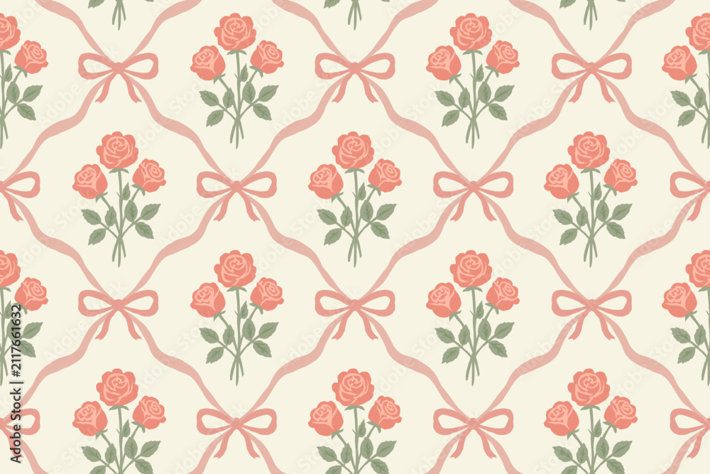 Fototapeta premium Seamless vintage rose bouquet pattern with elegant pink ribbon bows and romantic floral motifs on a cream background, repeating botanical design for fabric, wallpaper, wrapping paper and textile.