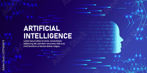 Artificial Intelligence Technology Banner with Digital Human Profile, Binary Data, Neural Network Connections and Futuristic AI Innovation Background