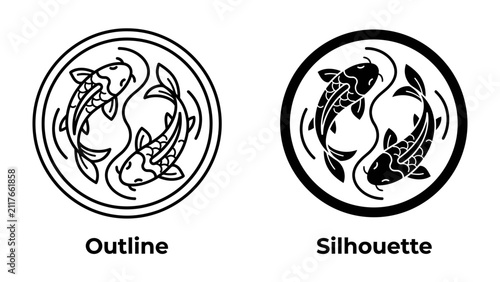 Fotografie Yin Yang Koi Symbol: Two complementary koi fish form a harmonious yin yang symbol within a circle, representing balance and duality