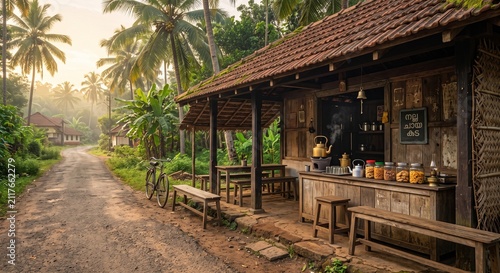 Authentic rural Kerala tea shop beside village road with traditional design, local atmosphere and tropical countryside surroundings