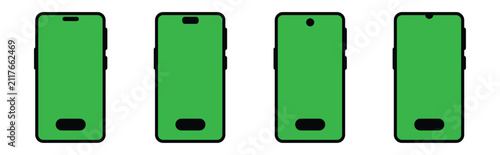 Smartphone Screen Mockup Icon Set with Green Screen and Camera Notch Vector