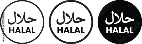 Halal Certified Badge Icon Solid and Outline Food Label Vector with Arabic Text.