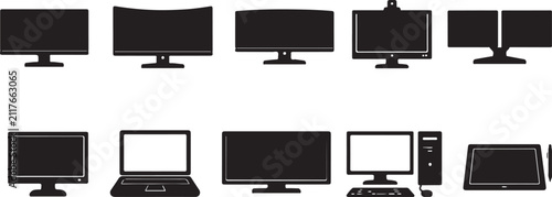 Computer monitor screen and desktop workstation silhouette collection.