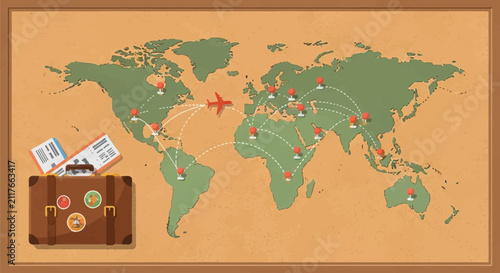 Global Travel Planning with Map Pins and Flight Route Illustration