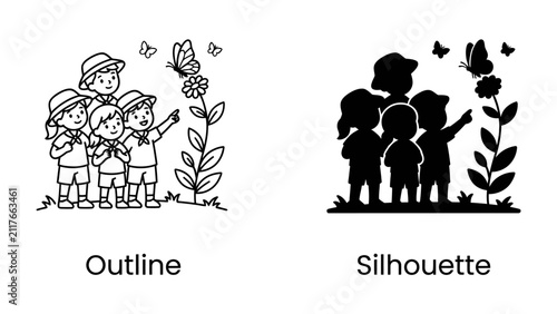 Fotografía Children Admire Butterfly: Two charming outlines depict children excitedly observing butterflies and flowers, showcasing joy and wonder in nature, presented in both outline and silhouette formats