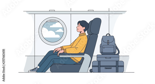 Traveler Relaxing on Airplane With Luggage and Scenic View