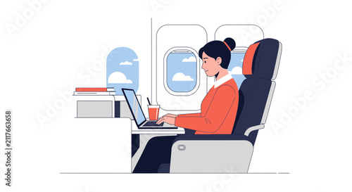 Woman Working on Laptop During Flight with Scenic View