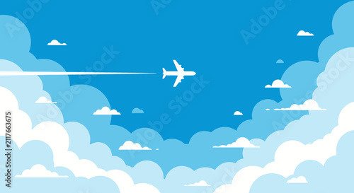 Airplane Flying Over Stylized Clouds in Blue Sky Illustration