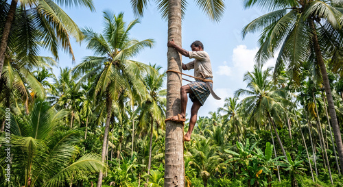 Traditional coconut harvesting in Kerala with skilled farmer climbing tall coconut palm in lush tropical plantation environment