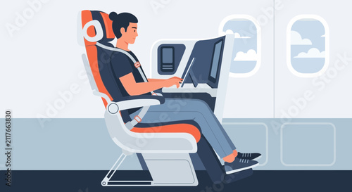 Passenger Using Inflight Entertainment System on Airplane Journey