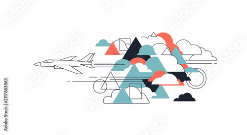 Colorful Geometric Mountain Landscape with Hot Air Balloons and Airplanes