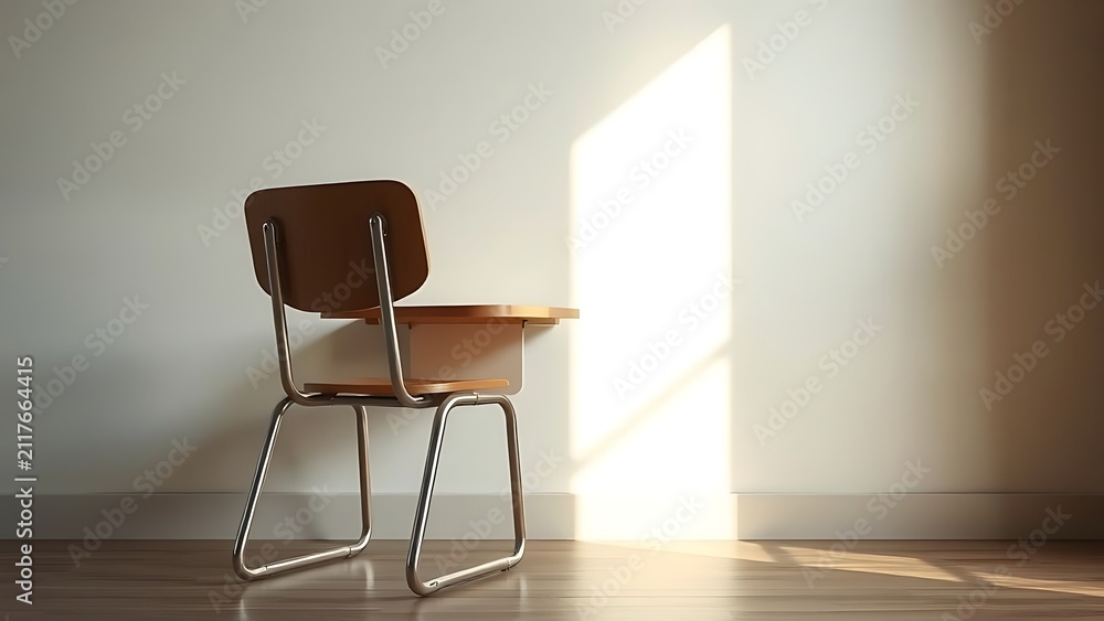 Fototapeta premium detention. Empty school chair with beam of cold daylight beside plain wall, discipline and silent reflection concept, lifestyle magazines.