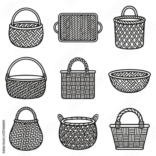 Картината върху платно Collection of nine woven baskets and containers line art with container