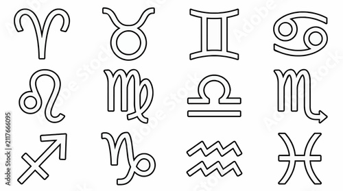 Bild auf Leinwand Black and White Outline Vector Illustration of the Twelve Zodiac Signs, Astrolog