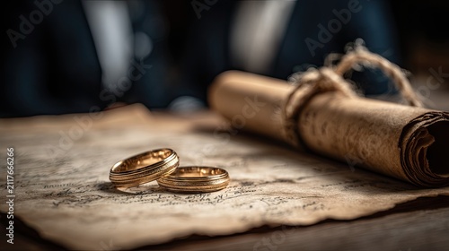 Wedding rings beside old scroll on textured paper in soft focus