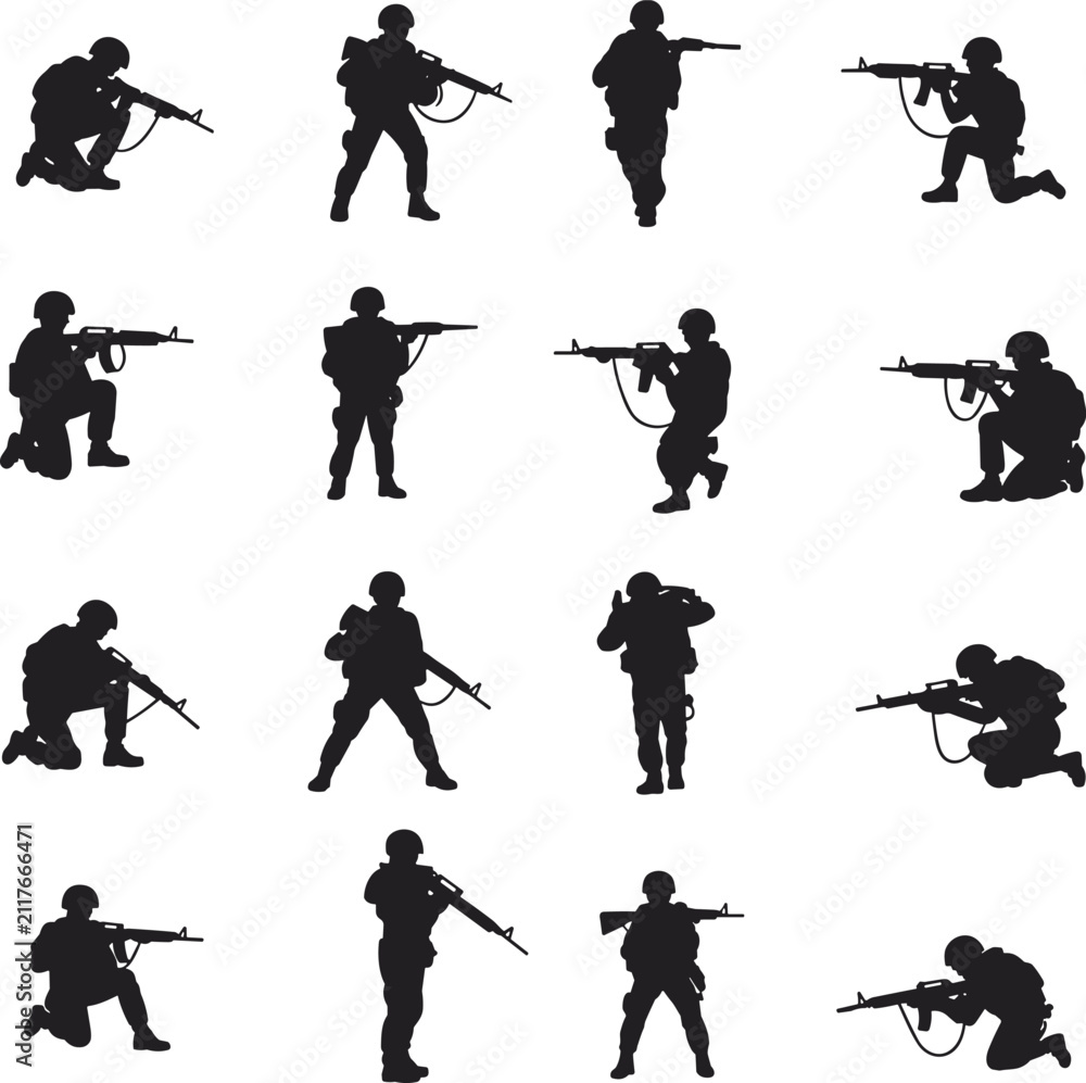 Obraz premium Set of black silhouettes of soldiers in various combat stances holding rifles, isolated on a white background, for military themes