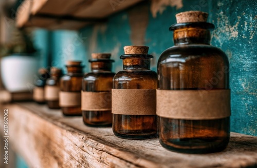 Row of amber apothecary bottles with cork stoppers on rustic wooden shelf