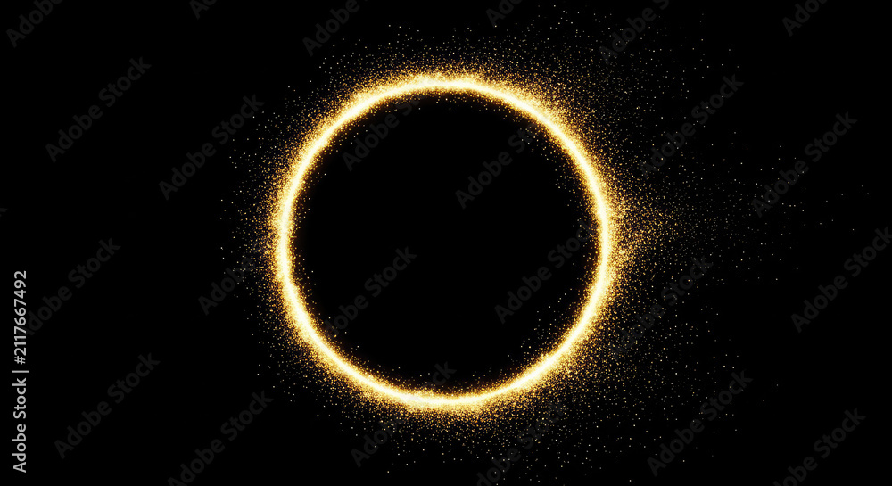 Naklejka premium A golden ring glows with sparkling particles against a stark black background. The ring is centered and appears to be the focal point of the image.
