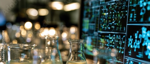 Scientific glassware on a lab bench with digital data displays in the